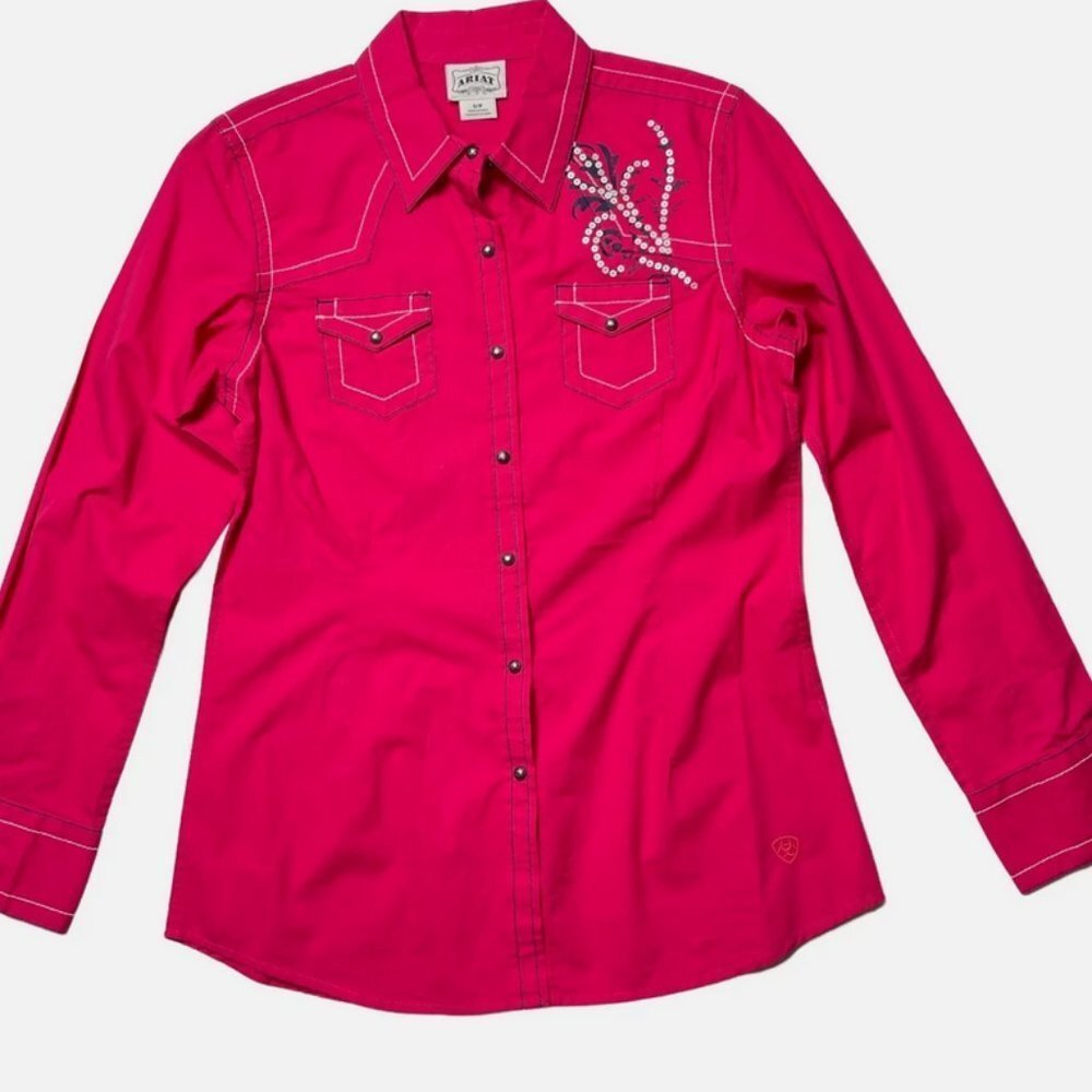 Ariat Button Down Shirt -  Hot Pink Western Sequins Pearl Snap Front Sz. M